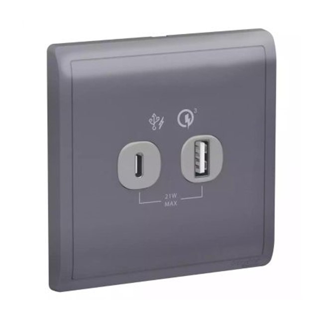 Outlet Data Schneider PIENO 2 Gang USB Quick Charge Socket Lavender Silver