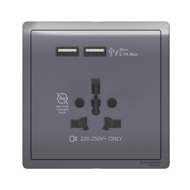 Stop Kontak Schneider Pieno 16A International Socket with 2.1A USB, Lavender Silver