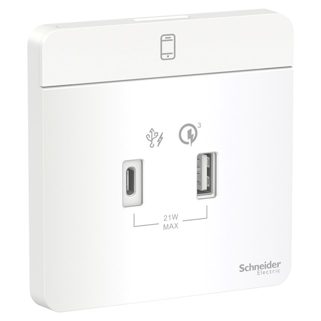 Outlet Data Schneider AvatarOn, USB charger, type A + C, 2.1…3 A, White