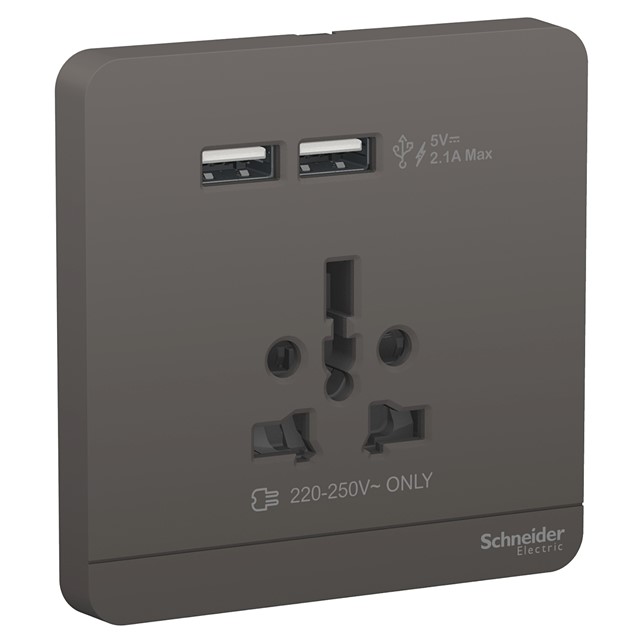 Stop Kontak Schneider AvatarOn, USB charger + 2 socket-outlet, 2P, 16A, Dark Grey