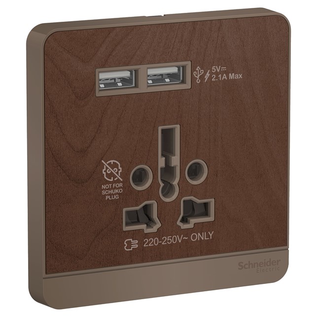 Stop Kontak Schneider AvatarOn, USB charger + 2 socket-outlet, 2P, 16A, Wood