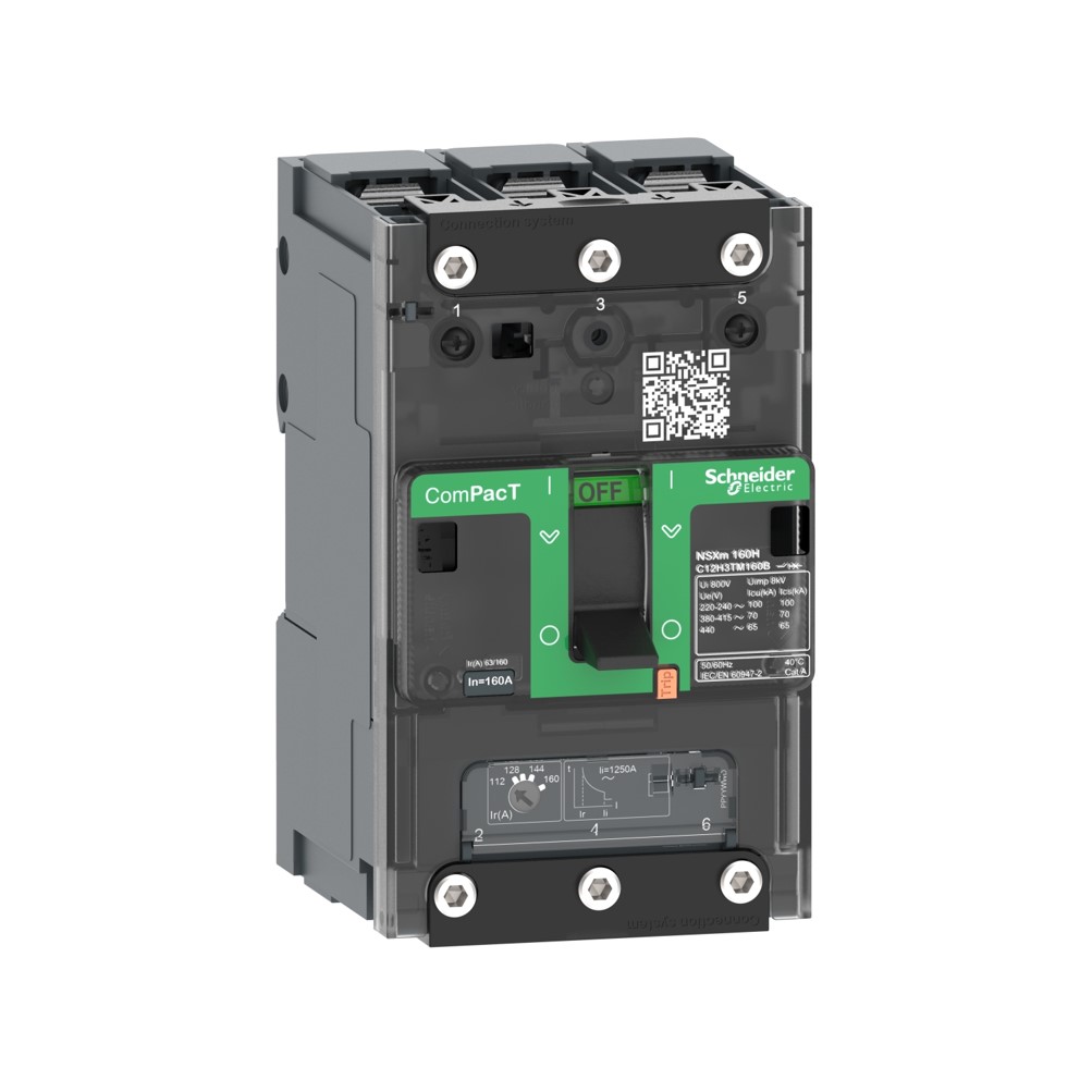 Schneider Circuit breaker, ComPacT NSXm 160F, 36kA/415VAC, 3 poles, TMD trip unit 100A, lugs/busbars (C11F3TM100B)