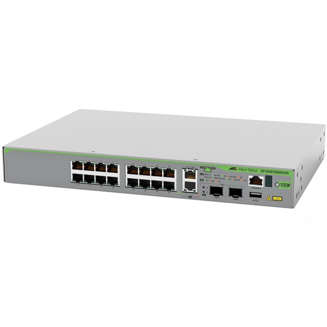 Allied Telesis L3 Stackable Switch, 16x 10/100/1000-T, 2x 1/2.5/5/10G-T, 2x SFP+. (AT-GS970EMX/20-50)