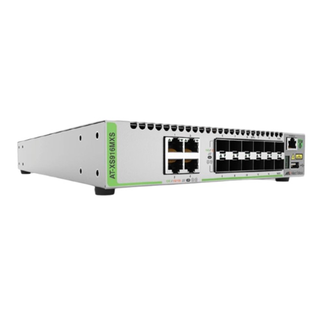 Allied Telesis 16-port 10G stackable L3 switch with 12 x 10G/1G SFP+ ports and 4 x 10G/1G RJ-45 ports. (AT-XS916MXS-B50)