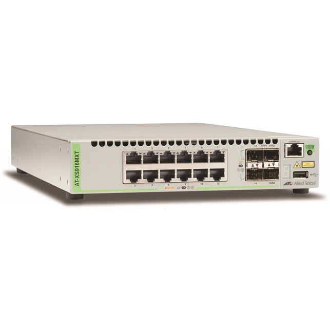 Allied Telesis 16-port 10G stackable L3 switch with 12 x 10G/1G RJ-45 ports and 4 x 10G/1G SFP+ ports. (AT-XS916MXT-B50)