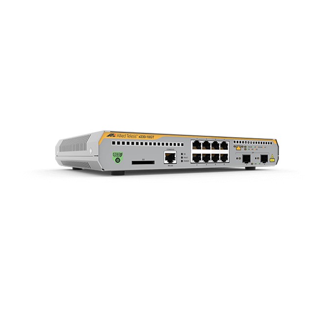 Allied Telesis L2+ switch with 8 x 10/100/1000T ports and 2 x 100/1000X SFP ports, EU Power Cord. 5 year NCP support (AT-x230-10GT-B55)