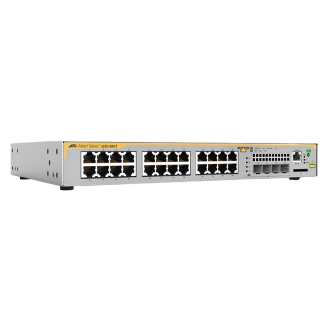 Allied Telesis L2+ switch with 24 x 10/100/1000T ports and 4 x 100/1000X SFP ports. 5 year NCP support (AT-x230-28GT-B55)
