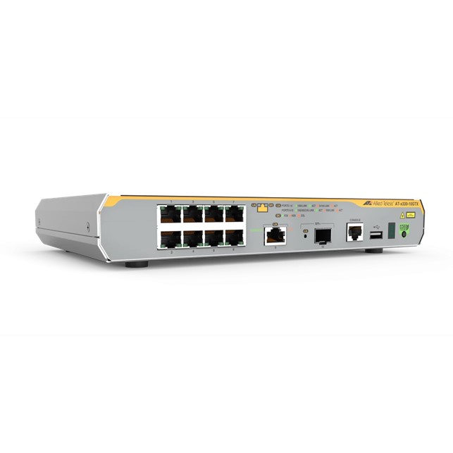 Allied Telesis L3 Switch, 8x 10/100/1000-T, 1x 1/2.5/5/10G-T, 1x SFP+ Ports and a single fixed PSU, EU Power Cord. (AT-x330-10GTX-50)